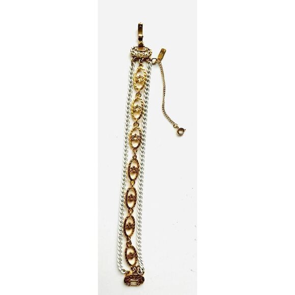 Vintage 70s Signed MONET Gold And White Chain Floral Bracelet Ensemble - Picture 1 of 4